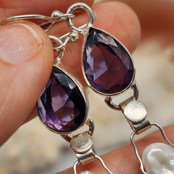 Natural Amethyst Natural Irregular Pearls Stones Silver 925 Earrings - Picture 3 of 10
